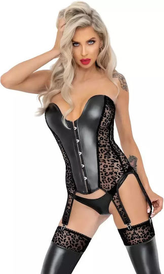 Black Sexy Leopard Print Corset 6 Suspender Straps Black L