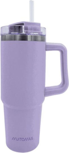 Muitomas Handled Tumbler Thermos Bottle Plastic 900ml Violet With Straw And Handle