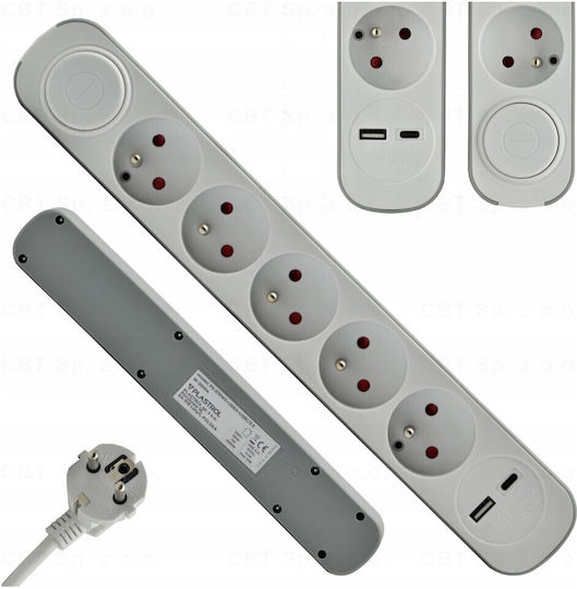 Plastrol Power Strip 5 Positions with 1 USB-A, 1 USB-C, Switch and Cable 3m