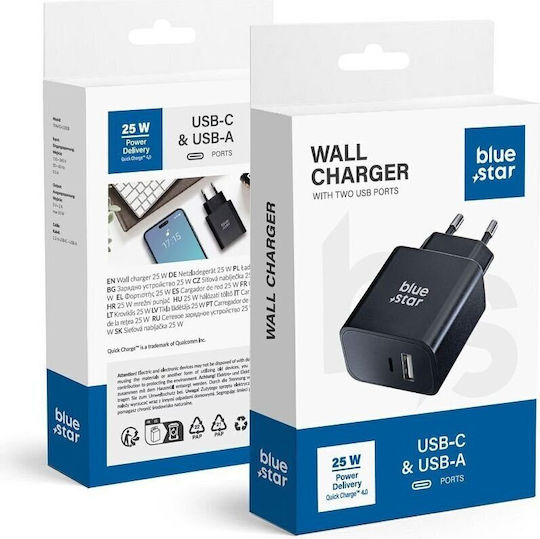 Blue Star Φορτιστής Χωρίς Καλώδιο με Θύρα USB-A και Θύρα USB-C 25W Power Delivery / Quick Charge 4.0 Μαύρος