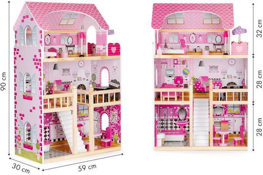 Căsuță de joacă pentru copii Bigshot Bs6391pink 3 nivele 5 camere baie bucătărie terasă lumini LED 17 piese de mobilier 90 x 59 x 30 cm roz