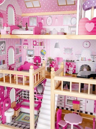 Căsuță de joacă pentru copii Bigshot Bs6391pink 3 nivele 5 camere baie bucătărie terasă lumini LED 17 piese de mobilier 90 x 59 x 30 cm roz