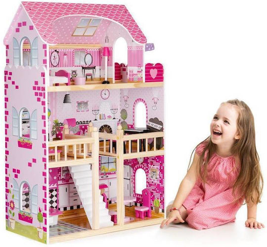 Căsuță de joacă pentru copii Bigshot Bs6391pink 3 nivele 5 camere baie bucătărie terasă lumini LED 17 piese de mobilier 90 x 59 x 30 cm roz