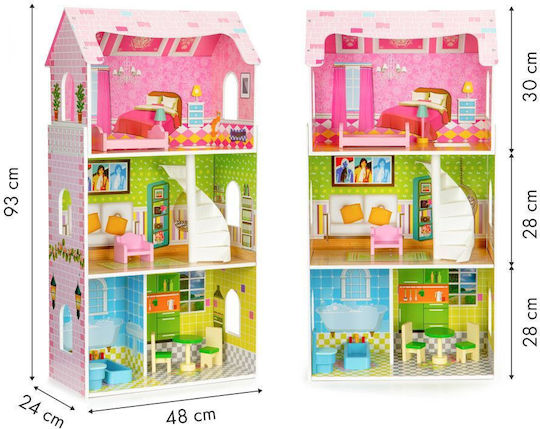 Căsuță de păpuși din lemn Mint Residence Idealstore 93 cm 3 niveluri independente 5 camere distincte 8 piese de mobilier din lemn de înaltă calitate