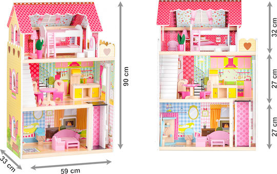 Casă de Păpuși din Lemn cu Lift Idealstore Malibu Residence Dimensiuni Păpuși 90 X 59 X 33 Cm 3 Niveluri Independente Un Total de 5 Camere Include 16 Piese de Mobilier 2 Păpuși Totul Într-un Decor de Basm