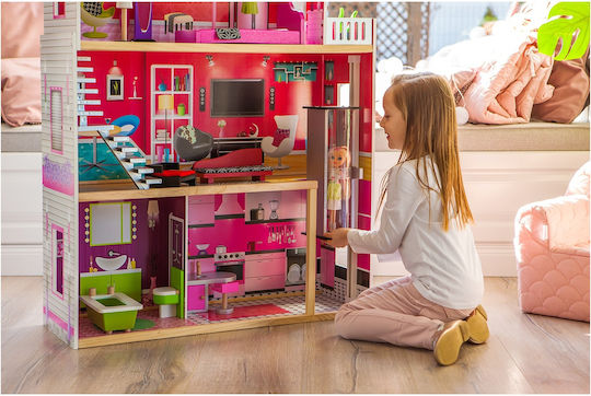 Casă de păpuși din lemn cu lift Idealstore Reședință Aurie Moale Dimensiuni 114 X 32 X 87 Cm 3 Niveluri Componente 4 Camere Design Unic 10 Piese de Mobilier Exclusive Imitând un Spațiu de Joacă Perfect