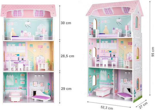 Wooden Dollhouse Kids Bigshot Bs4121pnk 3 Levels 4 Rooms Bathroom Kitchen Furniture Pink