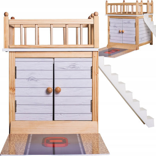 Garaj din lemn pentru căsuțe de păpuși Woody Idealstore Dimensiuni 30 X 30 cm Mobilier vopsit Uși duble Terasă cu balustrade Ideal pentru o căsuță de păpuși