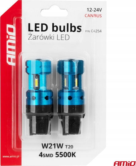 AMiO Λάμπες Αυτοκινήτου & Μοτοσυκλέτας T20 / W21W Canbus LED 6000K Ψυχρό Λευκό 12-24V 2τμχ