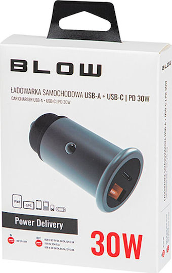 Blow Φορτιστής Αυτοκινήτου 30W με Θύρες: 1xUSB 1xType-C