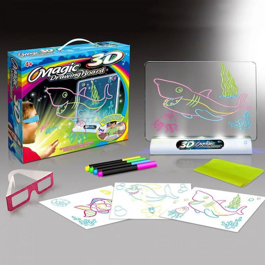 Tablă de desen iluminată 3D pentru copii Happy Drawn Idealstore Dimensiune 25 X 19 cm Include tablă transparentă, suport iluminat, markere, ochelari 3D, șabloane de desen