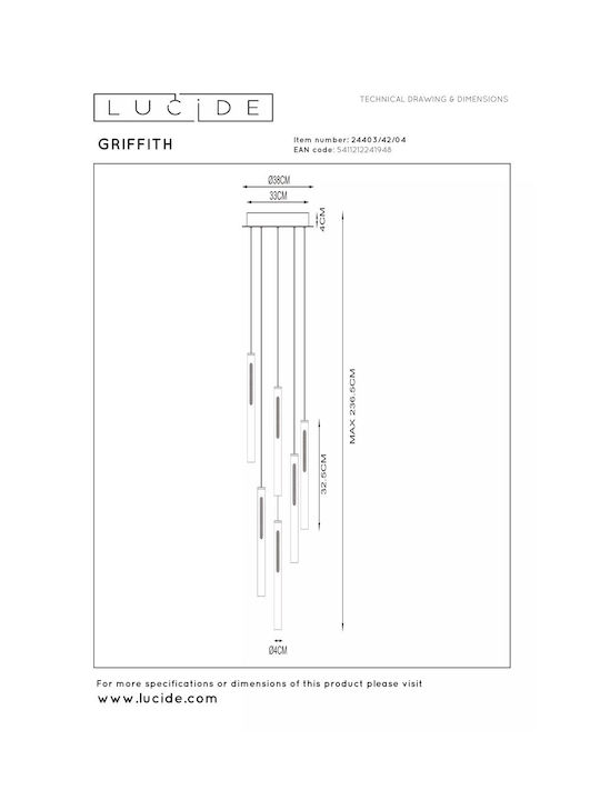 Lucide Lightning Griffith Κρεμαστό Φωτιστικό Μπρούτζινο LED με Ρυθμιζόμενο Λευκό Φως 38x38εκ.