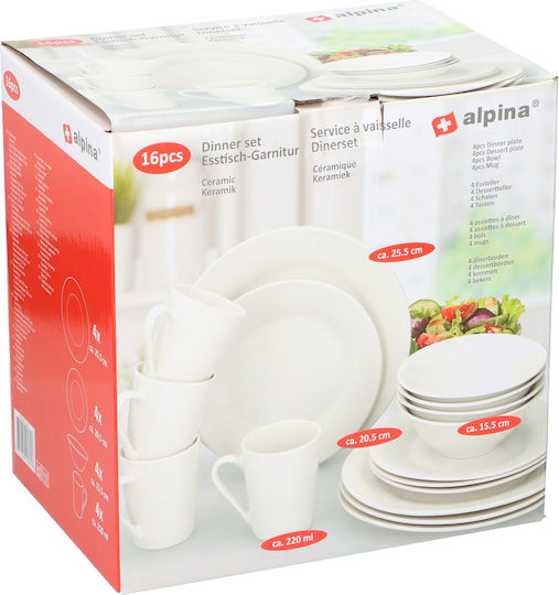 Alpina Appliances Σερβίτσιο Πιάτων από Πορσελάνη Λευκό 16τμχ