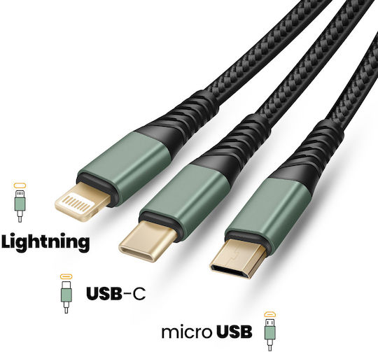 Inkax CK-135 Braided Cablu USB la Lightning / Type-C / micro USB cu mai multe porturi 2.1A Negru 1.2m