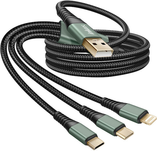 Inkax CK-135 Braided Cablu USB la Lightning / Type-C / micro USB cu mai multe porturi 2.1A Negru 1.2m