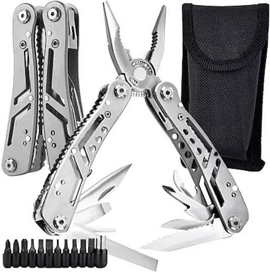 Idealstore Clește Multifuncțional 13în1 + 11 Biți Fabricat din Oțel Inoxidabil de Înaltă Calitate pentru Drumeții Camping Pescuit Grădinărit Cutie de Depozitare Greutate 260 G