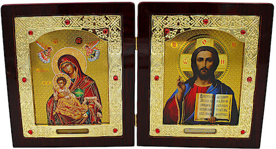 Heiligenikone Diptich Holz Jesus Christus Panagia Die Heilerin