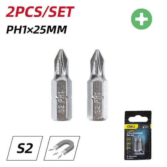Deli Set Screwdriver Bits Dl251001 Magnetic Ph1x25mm 2 Pieces Dl251001