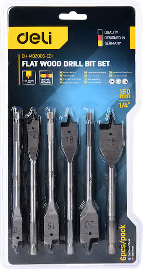 Deli Set Spade Drill Bits Dh-mbz006-ed1 Wood Carbon Steel 10 12 16 18 20 25mm Hexagon 6 Pieces Dh-mbz006-ed1