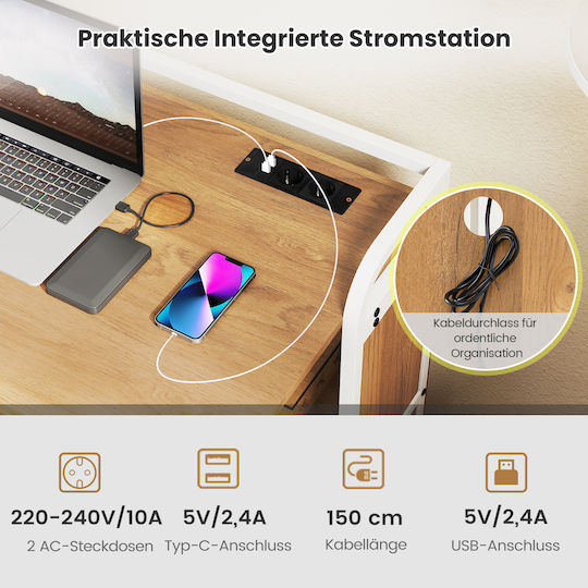 Ηλεκτρικό Γραφείο με Ρυθμιζόμενο Ύψος & USB θύρες 90x55x83εκ. Φυσικό Χρώμα