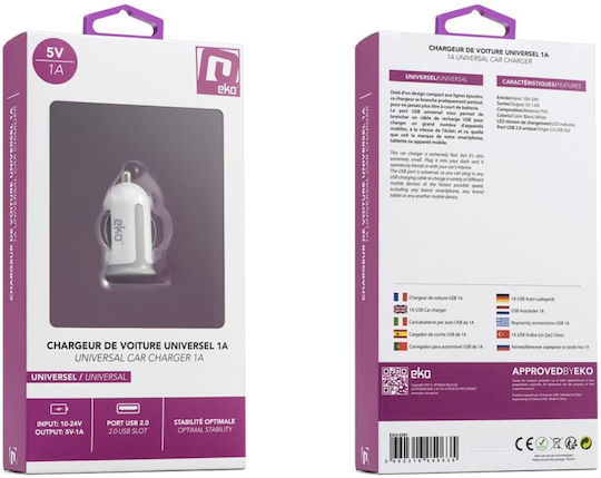 Eko Auto-Ladegerät Zigarettenanzünder Usb Universell 1a Weiß