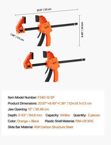 Vevor Bar Clamps Woodworking 2-Pack 30.48 Cm One-Handed Clamp Spreader 154kg