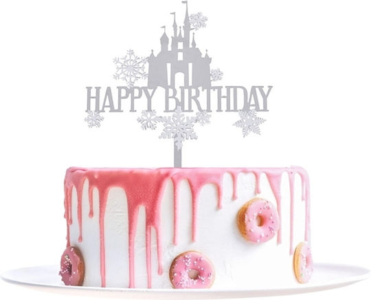 Cake Land Happy Birthday Cake Topper Silver Acrylic Castle