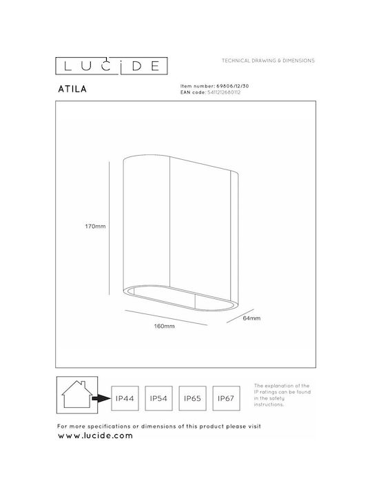 Lucide Lightning Atila Επιτοίχιο Εξωτερικό Φωτιστικό LED IP54 με Θερμό Λευκό Φως