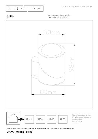 Lucide Lightning Erin Επιτοίχιο Εξωτερικό Σποτ LED IP65 με Θερμό Λευκό Φως