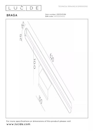 Lucide Lightning Braga Επιτοίχιο Γραμμικό Φωτιστικό LED IP54 με Θερμό Λευκό Φως