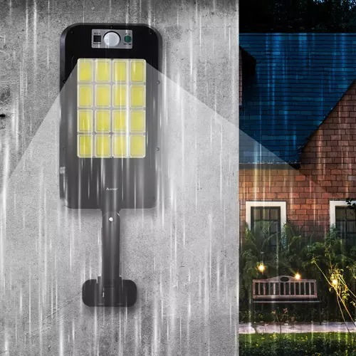 Соларна улична лампа с 240 LED COB сензор за движение, вграден соларен панел, 4 режима на работа, мощност 72 W, ъгъл на осветление 120, IP 67, монтажно рамо, дистанционно управление, време на работа 8-10 часа, вертикално-хоризонтално регулиране
