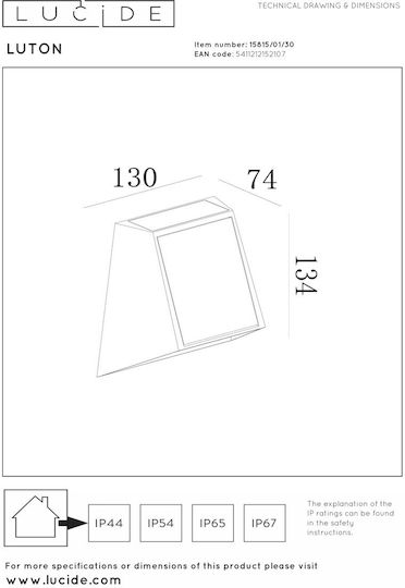 Lucide Lightning Luton Επιτοίχιο Ηλιακό Φωτιστικό με Αισθητήρα Κίνησης IP54