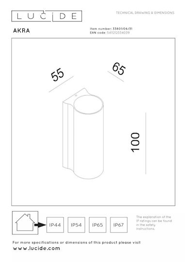 Lucide Lightning Akra Επιτοίχιο Εξωτερικό Φωτιστικό LED IP54 με Θερμό Λευκό Φως