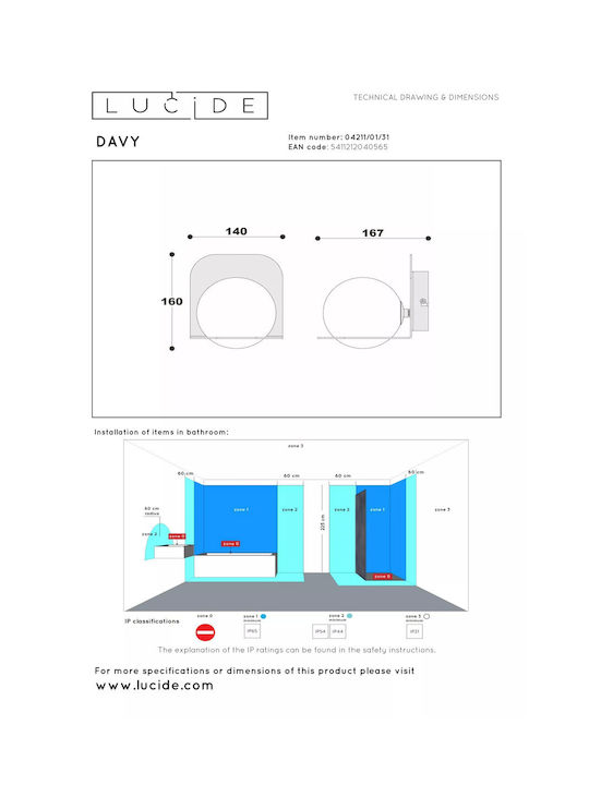 Lucide Lightning Davy Leuchte Badezimmer mit Fassung G9 Weiß