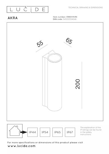 Lucide Lightning Akra Wandmontierte Außenleuchte LED IP54 13W mit Warmweiß Licht 6εκ.
