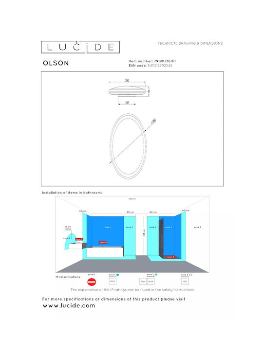 Lucide Lightning Olson Ceiling Mount Light Bathroom with Integrated LED