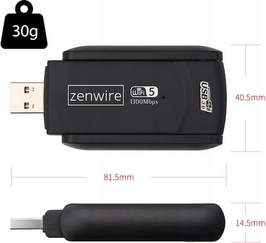 Zenwire Αντάπτορας Δικτύου USB με Ασύρματη Σύνδεση Wi-Fi 1300Mbps