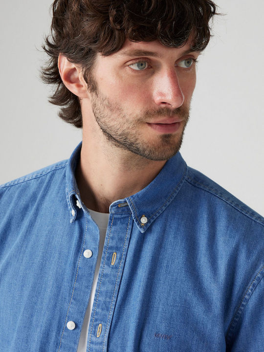 Authentic Buttondown Long-sleeved Denim Shirt in Wide Line Blue