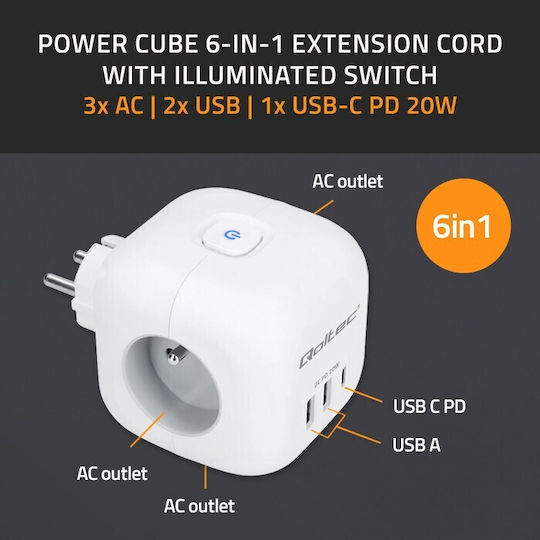 Qoltec Захранваща лента с 2 USB-A, 1 USB-C и Превключвател