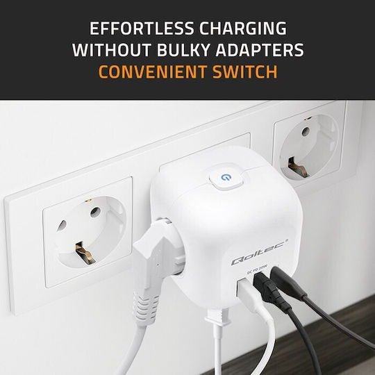 Qoltec Захранваща лента с 2 USB-A, 1 USB-C и Превключвател