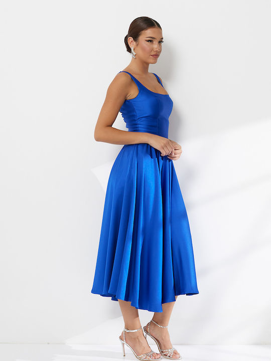 Summer Midi Dress for Wedding Christening Satin Blue