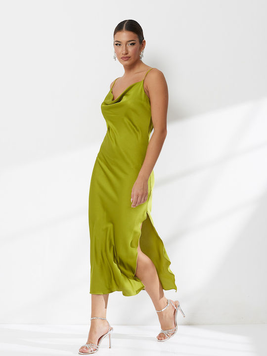 Sommer Maxi Abend Damenkleid Slip Dress Satin Drapierung Grün
