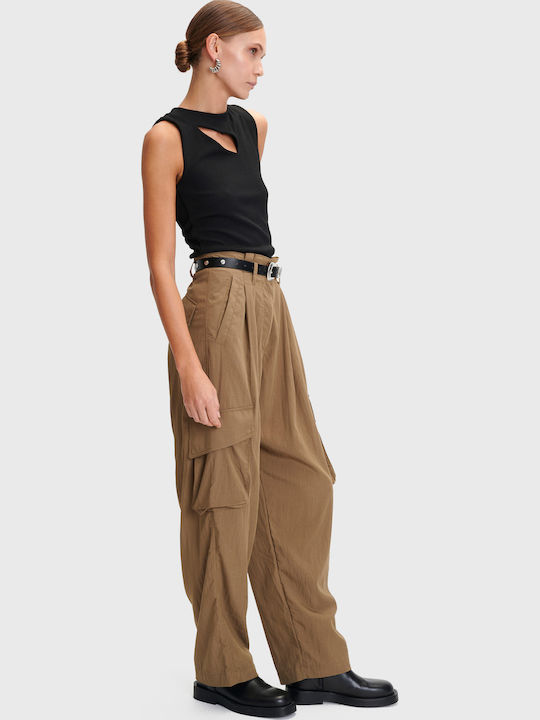 Damen Hoch tailliert Stoff Cargo Hose in Paperbag Passform Brown