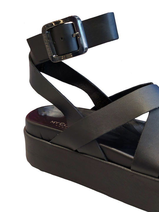 Leather Women's Flat Sandals in Black Color