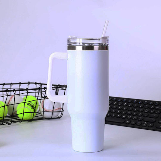 Uncle George Handled Tumbler Θερμός Ανοξείδωτο / Αλουμίνιο BPA Free 1.2lt Καλαμάκι Λαβή Άσπρο με Καλαμάκι και Λαβή