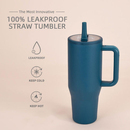 Uncle George Handled Tumbler Thermos Stainless Steel / Aluminum BPA Free 1.2lt Straw Handle Petrol With Straw And Handle