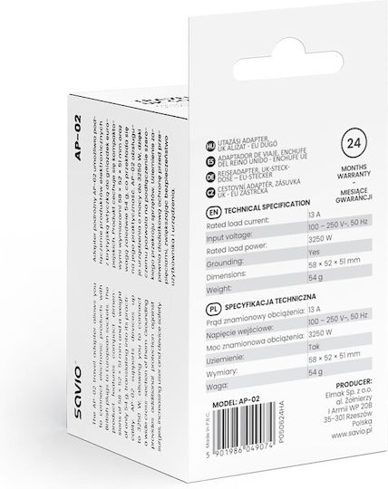 Savio English to Greek Plug Adapter