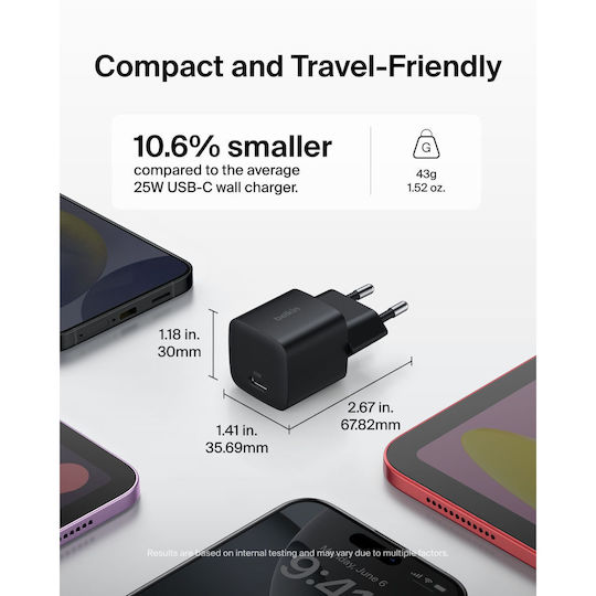 Belkin Mobile Phone Charger Without Cable with USB-C Port and USB-C Cable 25W Power Delivery Black