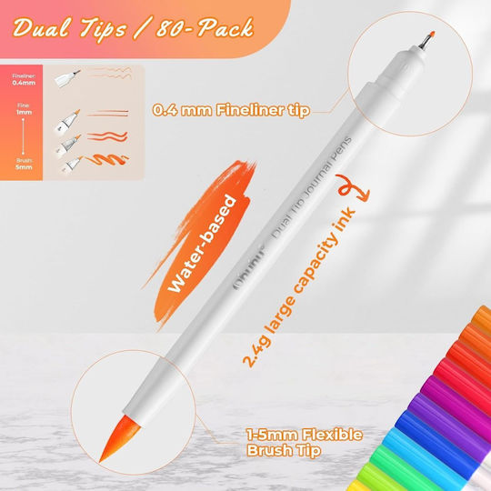 Ohuhu Water-Based Dual-Tip Journal Pens, Brush + Extra Fine, Water-Based Drawing Markers, Fine, 80-Color Set