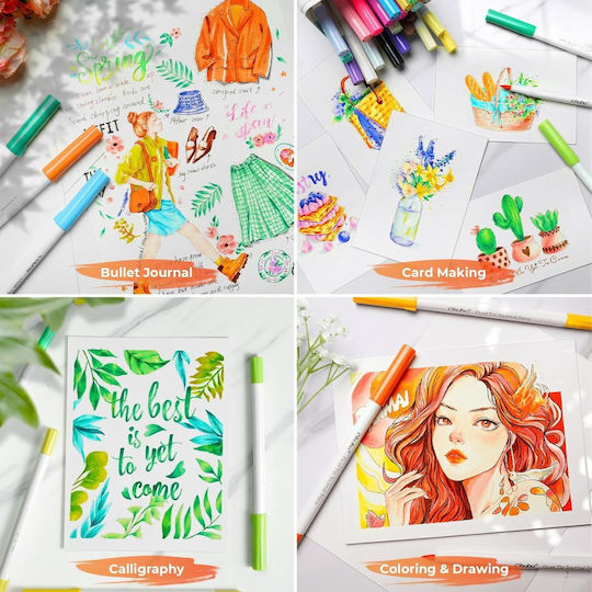 Ohuhu Water-Based Dual-Tip Journal Pens, Brush + Extra Fine, Water-Based Drawing Markers, Fine, 80-Color Set